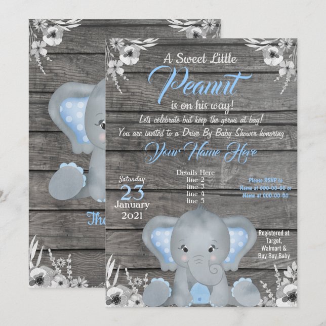 Boy Elephant Baby Dusche Einladung blau Rustikal (Vorne/Hinten)