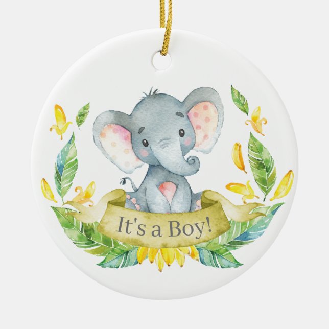 Boy Elephant Baby Dusche gelb Keramik Ornament (Vorne)
