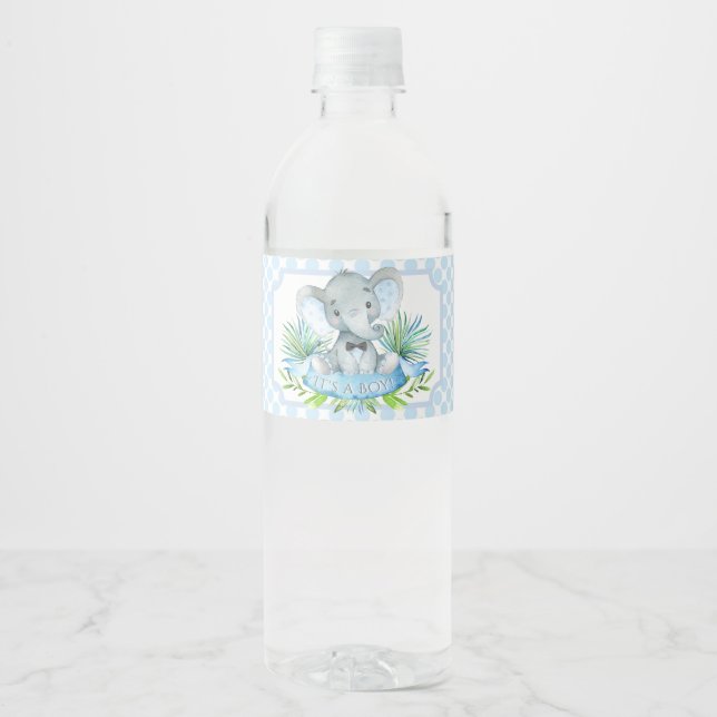 Boy Elephant Baby Dusche Wasserflaschen Labels (Vorderseite)