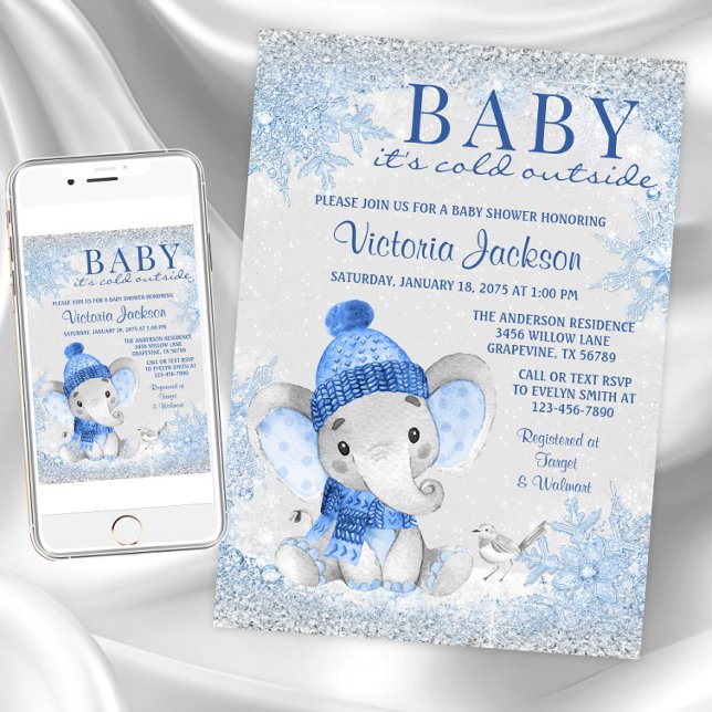 Boy Elephant Baby seine kalte Außendusche Einladung (Baby its cold outside baby shower invitations. Instant download and printed invitations available.)