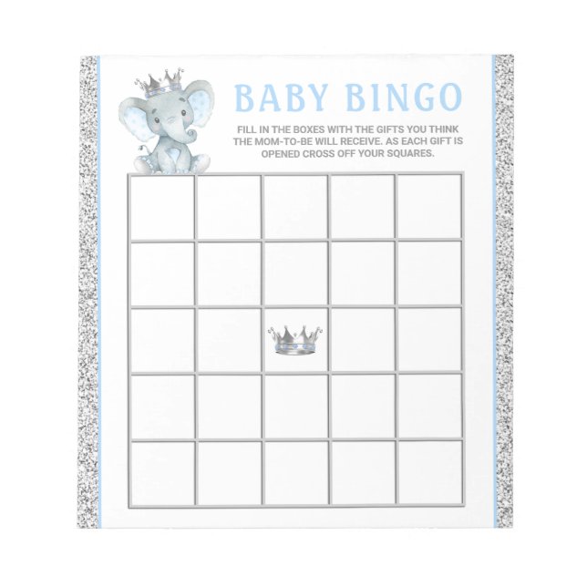 Boy Elephant Baby Shower Bingo Spielkarten Notizblock (Vorderseite)