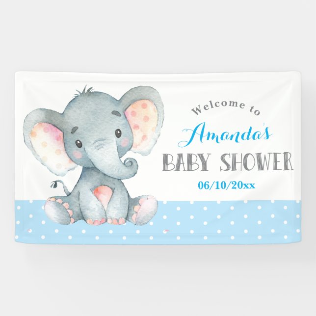 Boy Elephant Baby Shower Blau und Grau Banner (Horizontal)
