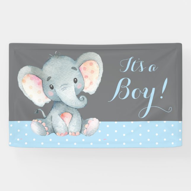 Boy Elephant Baby Shower Blau und Grau Banner (Horizontal)