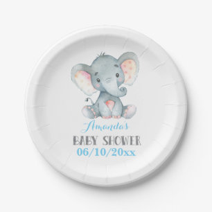 Boy Elephant Baby Shower Blue Paper Plate Pappteller