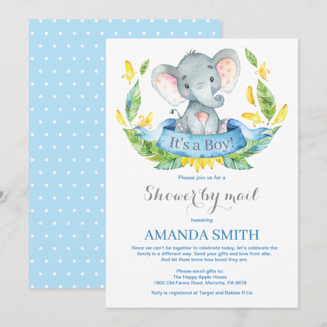 Boy Elephant Baby Shower by Mail Einladung (Vorne/Hinten)
