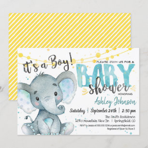 Boy Elephant Baby shower invitation Bleu et jaune