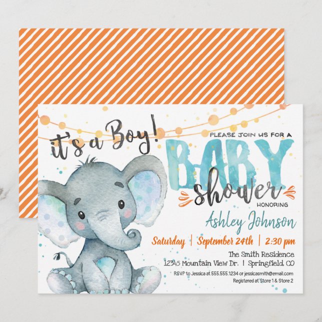 Boy Elephant Baby shower invitation Blue & Orange (Devant / Derrière)