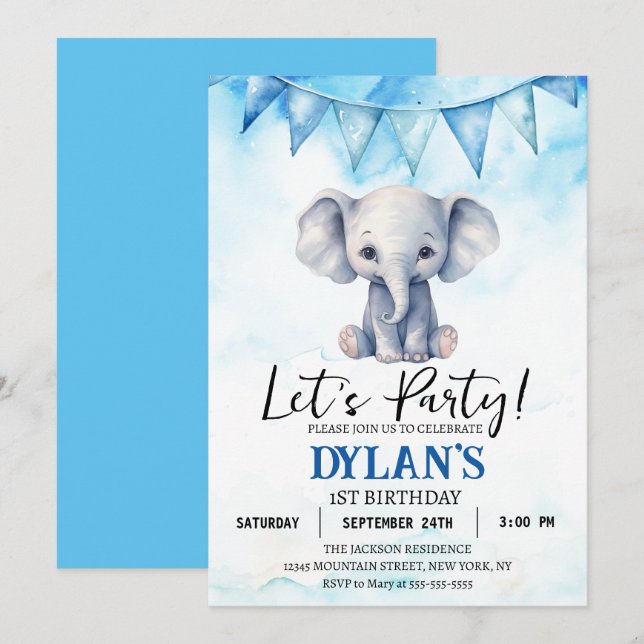 Boy Elephant Birthday Party Einladung (Vorne/Hinten)