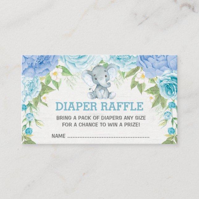 Boy Elephant Blue Floral Baby Diaper Raffle Begleitkarte (Vorderseite)