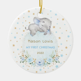 Boy Elephant Blue Gold Stars Baby 1. Weihnachten Keramik Ornament