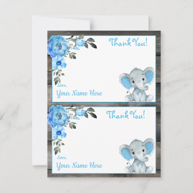 Boy Elephant Blue Two Per Page Danke Cards Einladung (Vorderseite)