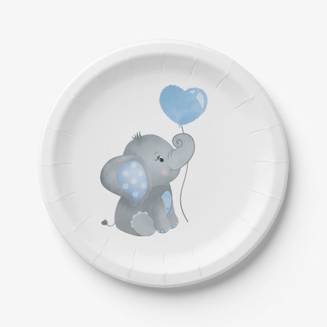 Boy Elephant Blue Watercolor Baby Dusche Pappteller (Vorderseite)