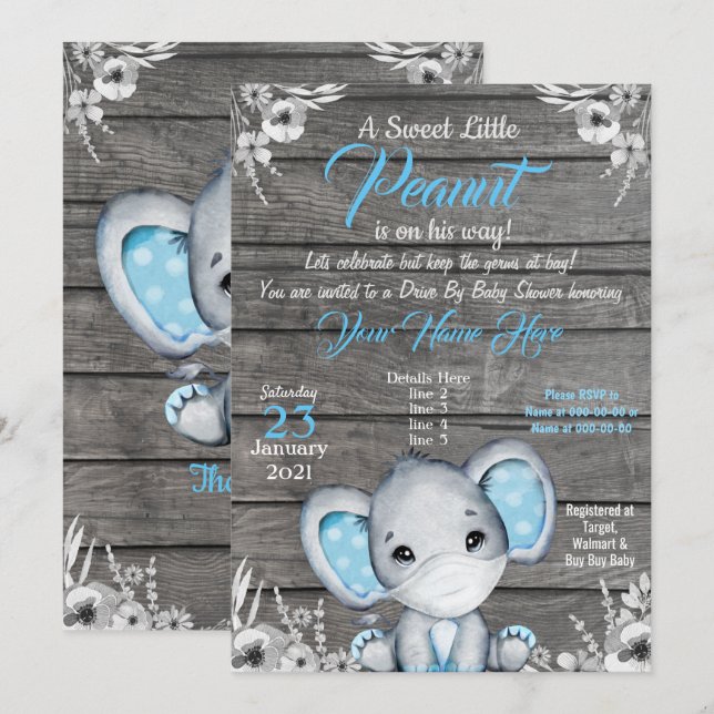 Boy Elephant Drive by Baby Dusche Einladung blau (Vorne/Hinten)