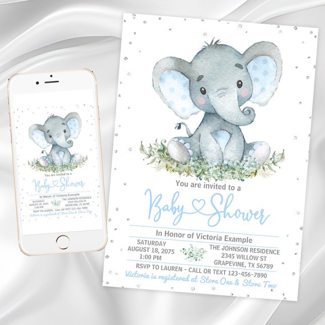 Boy Elephant Glitzer Kinderdusche Einladung (Boy elephant baby shower invitation with cute baby elephant on a silver glitter background. )