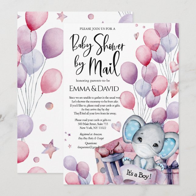 Boy Elephant Pink Balloons Baby Dusche von Mail Einladung (Vorne/Hinten)