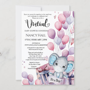 Boy Elephant Pink Balloons Virtual Baby Dusche Einladung