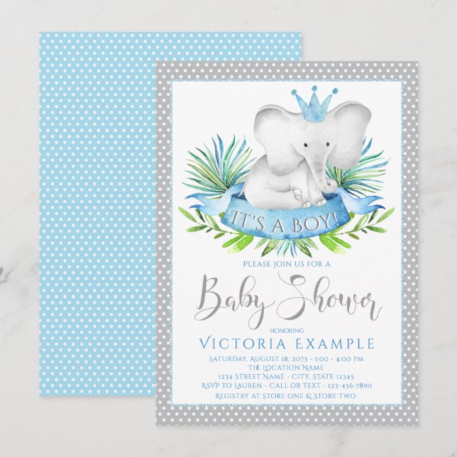 Boy Elephant Prince Baby Shower Einladungen (Vorne/Hinten)