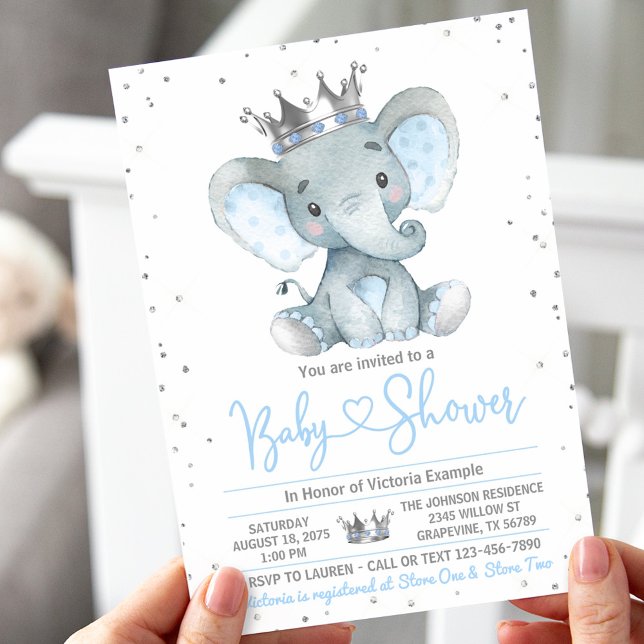 Boy Elephant Prince Baby shower Invitation (Boy cute elephant baby shower invitation. Instant download and printed invitations available.)