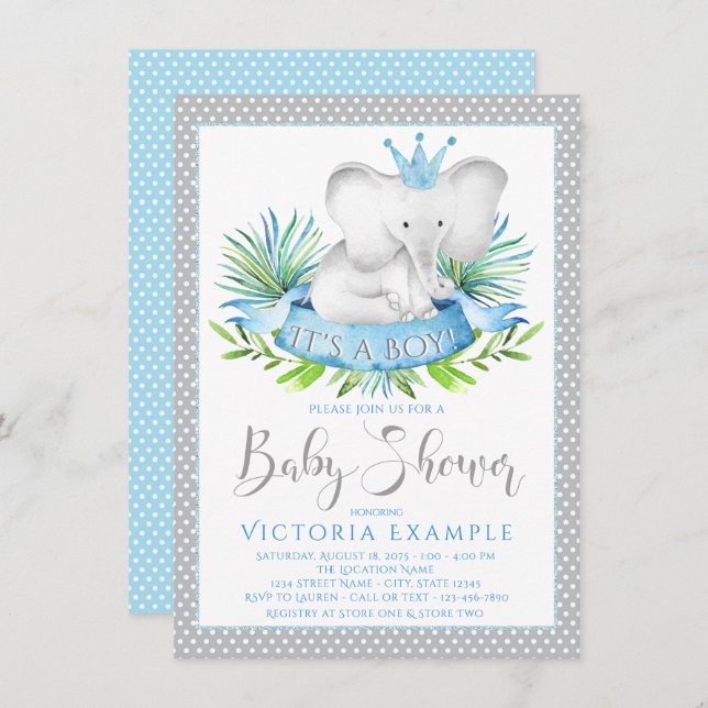 Boy Elephant Prince Baby Shower Invitations (Devant / Derrière)
