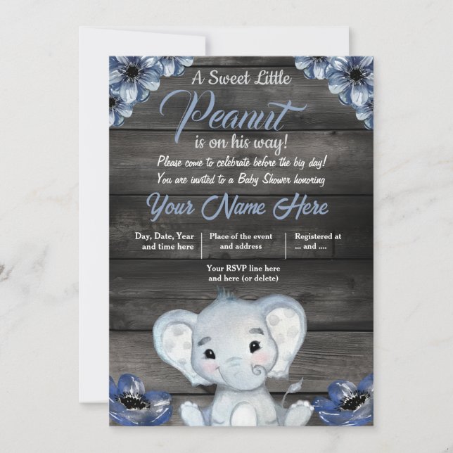Boy Elephant Rustic Baby Shower Einladung Bloral (Vorderseite)