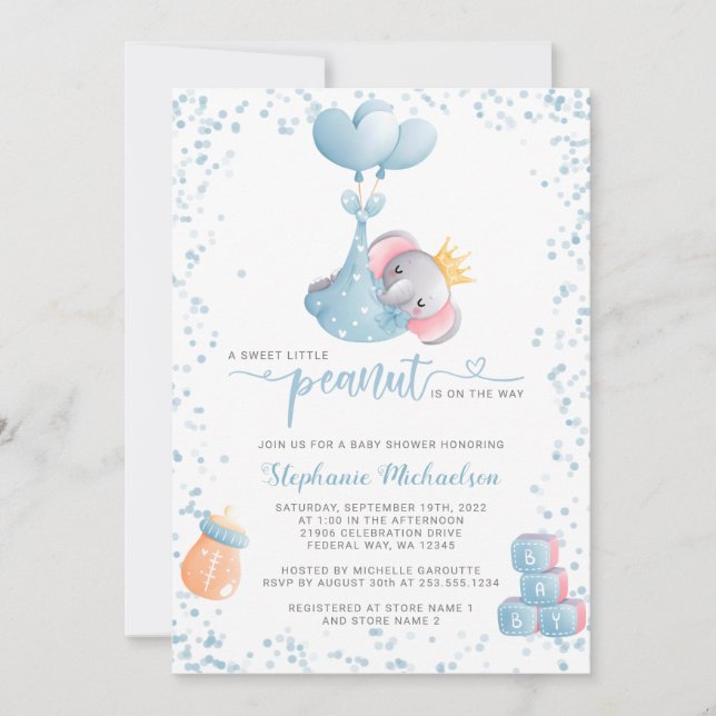 Boy Elephant Sweet Little Peanut Baby Dusche Einladung (Vorderseite)