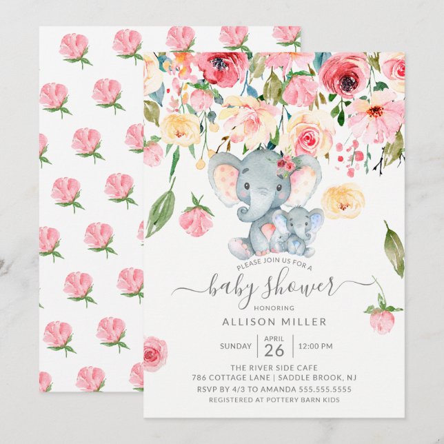 Boy Elephant und Mama Pink Peonies Baby Dusche Einladung (Vorne/Hinten)