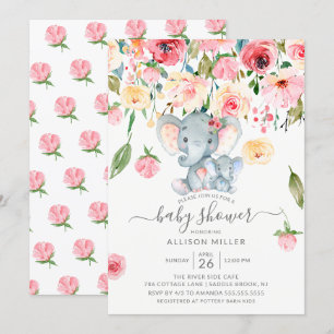 Boy Elephant und Mama Pink Peonies Baby Dusche Einladung