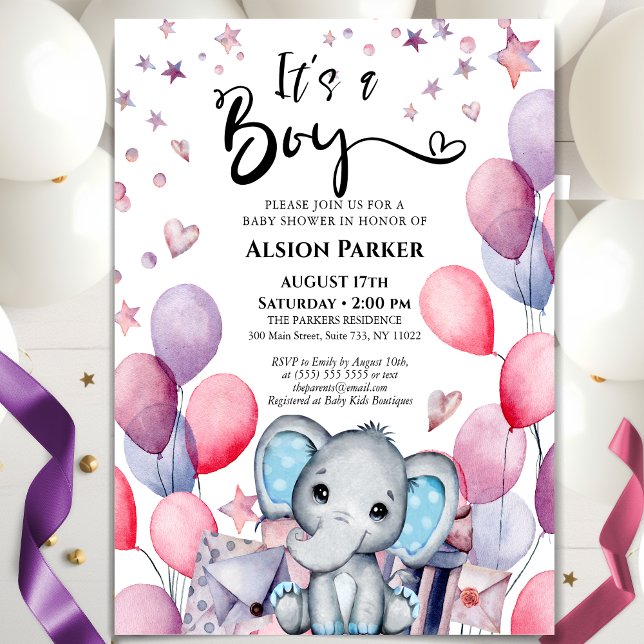 Boy Elephant Watercolor Blue Balloons Baby Dusche Einladung (Von Creator hochgeladen)