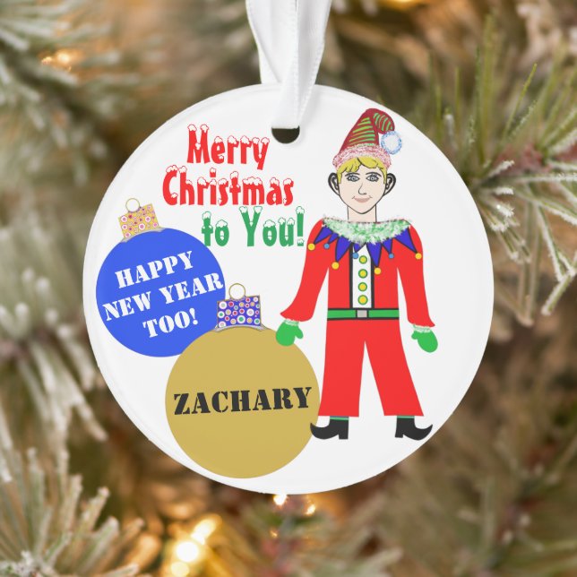 Boy Elf WeihnachtsNAME Blue Gold Ornamente (Baum)