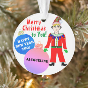 Boy Elf WeihnachtsNAME Blue Pink Ornamente