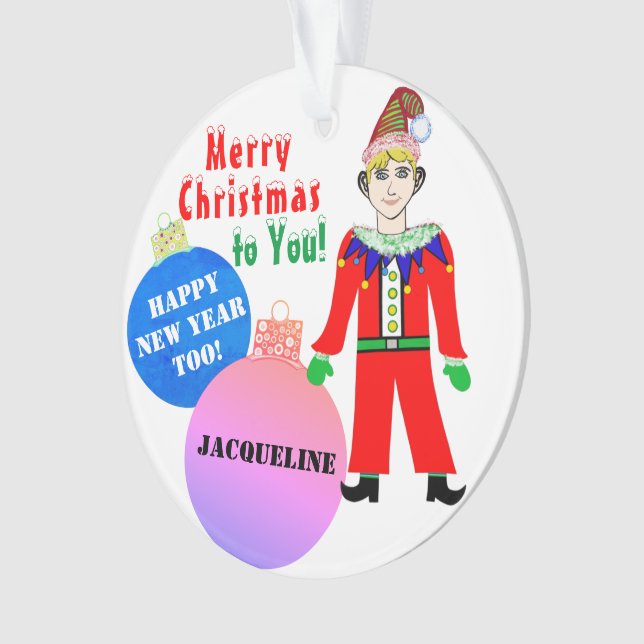 Boy Elf WeihnachtsNAME Blue Pink Ornamente (Vorderseite)