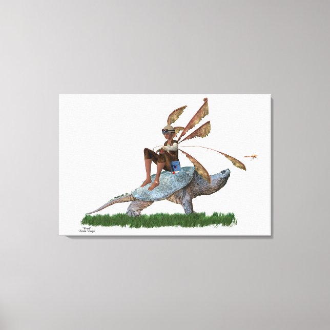 Boy Fairy Riding auf Schildkrötengestreiften Canva Leinwanddruck (Vorderseite)