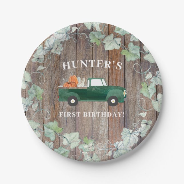Boy Fall Birthday Green Truck und Pumpkins Pappteller (Vorderseite)