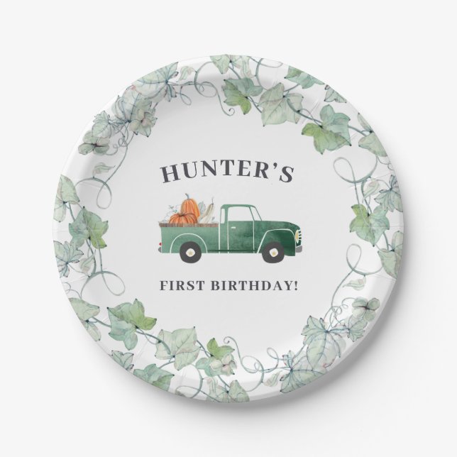 Boy Fall Birthday Green Truck und Pumpkins Party Pappteller (Vorderseite)