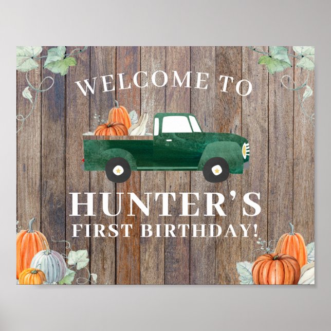 Boy Fall Birthday Green Truck und Pumpkins Willkom Poster (Vorne)