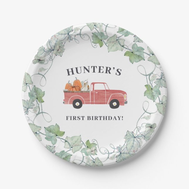 Boy Fall Birthday Red Truck und Pumpkins Pappteller (Vorderseite)