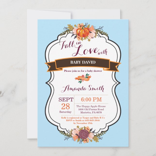Boy Fall in Love Citrouille Baby shower Invitation (Devant)