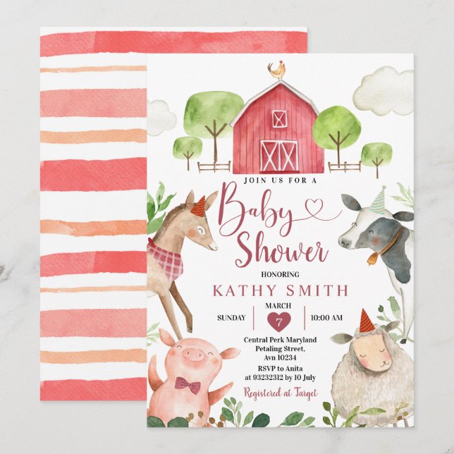 Boy Farm Animals Barnyard Baby Dusche Einladung (Vorne/Hinten)