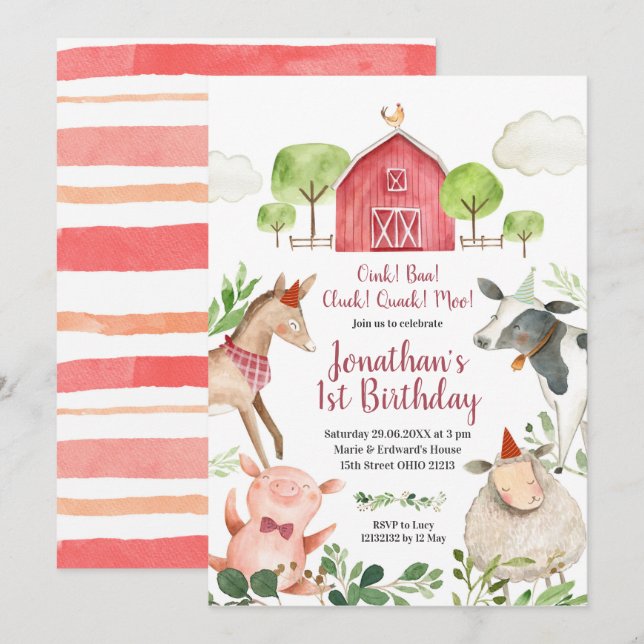 Boy Farm Animals Barnyard Birthday Invitation (Devant / Derrière)