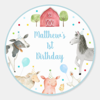 Boy Farm Barnyard Birthday Classic Round Sticker