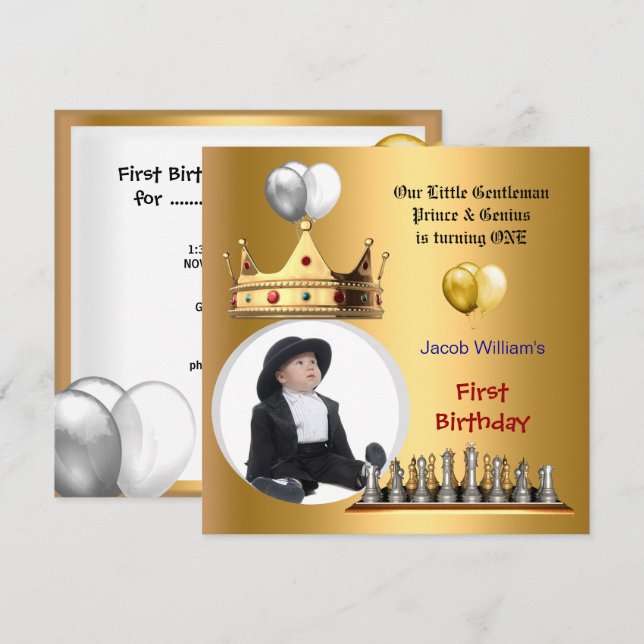 Boy First Birthday 1. Gentleman Prince Genius Einladung (Vorne/Hinten)