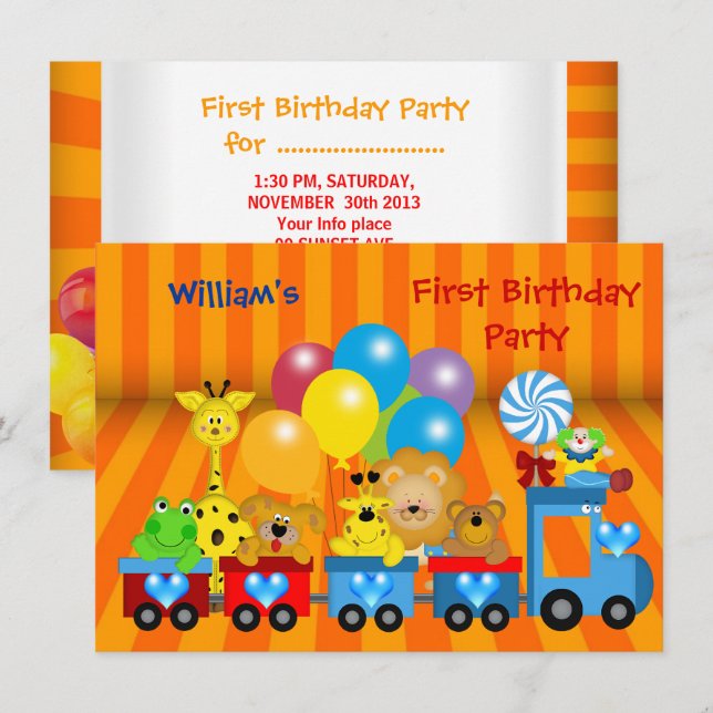 Boy First Birthday 1. Train Zoo Animals Party Einladung (Vorne/Hinten)