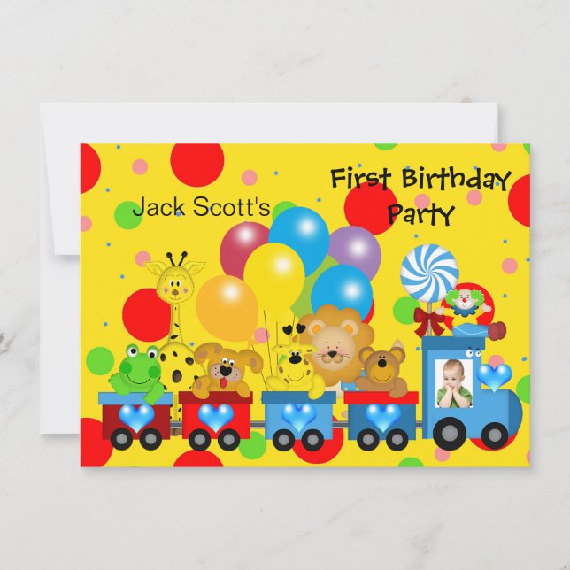 Boy First Birthday 1. Zug Foto Zoo Tiere Einladung (Vorderseite)