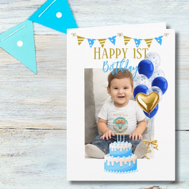 Boy First Birthday Foto Blue Gold Ballon Niedlich Karte (Von Creator hochgeladen)