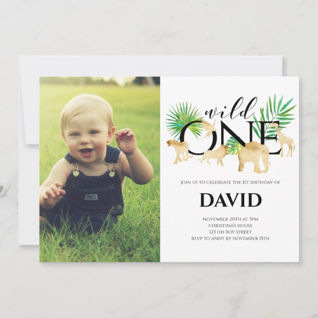 Boy First Birthday Foto Wild One Gold Jungle Einladung (Vorderseite)