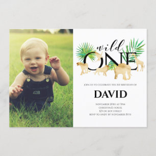 Boy First Birthday Foto Wild One Gold Jungle Einladung