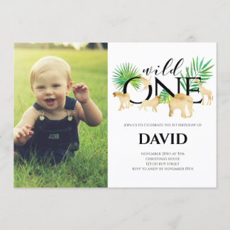 Boy First Birthday Foto Wild One Gold Jungle Einladung