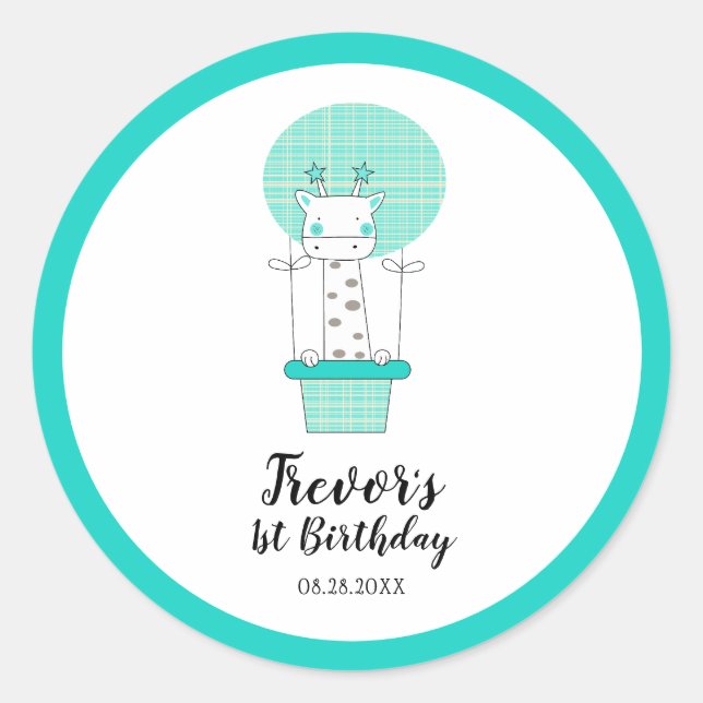 Boy First Birthday Giraffe Runder Aufkleber (Vorderseite)