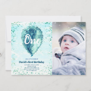Boy First Birthday Glitzer Blue Balloon Foto Einladung