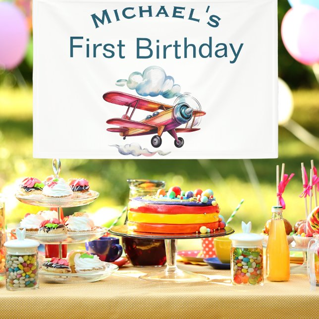 Boy First Birthday Individuelle Name Flugzeug Avia Banner (Von Creator hochgeladen)